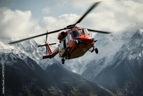 A helicopter is captured in mid-air as it soars over a majestic mountain range. This image can be used to depict adventure, exploration, or aerial transportation.