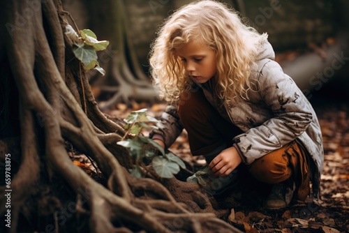 Young girl standing amidst dirt and entwining tree roots