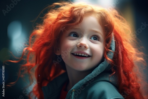 A sweet little girl with vibrant red hair is captured in a joyful moment, her smile shining brightly. Perfect for adding a touch of happiness and innocence to any project