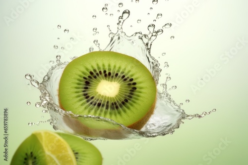 A captivating image capturing the moment a slice of kiwi fruit falls gracefully into a pool of water. Perfect for refreshing and vibrant concepts.