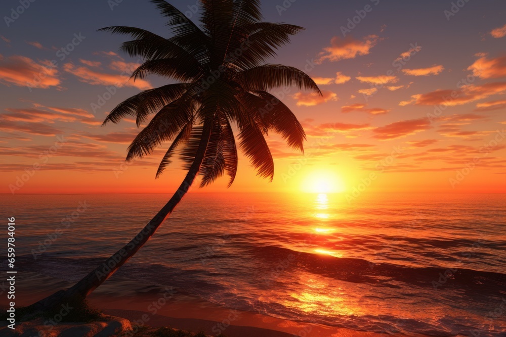 A picturesque view of a palm tree standing tall on a sandy beach during a beautiful sunset. Perfect for travel, vacation, or tropical themed designs