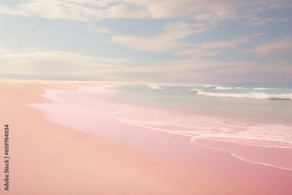 A beautiful pink beach with waves gently rolling onto the shore. Perfect for tropical vacation destinations or relaxing beach-themed designs A beautiful pink beach with waves gently rolling onto the shore. Perfect for tropical vacation destinations or relaxing beach-themed designs