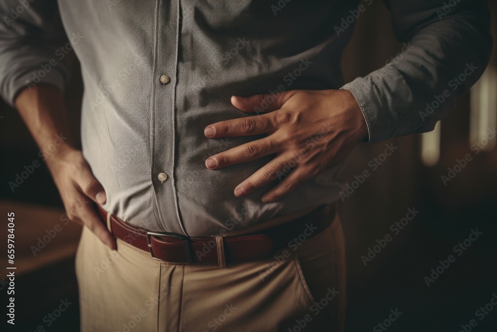 A man with his hands on his stomach. Can be used to depict stomachache, indigestion, or digestive health issues