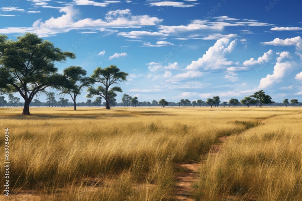 A picturesque view of a grassy field with tall trees and a dirt path. Perfect for nature lovers and outdoor enthusiasts