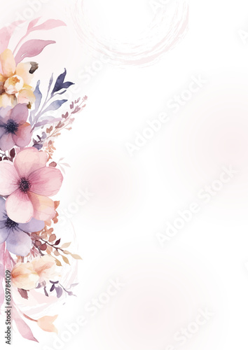 Fototapeta Naklejka Na Ścianę i Meble -  Pink and white watercolor hand painted background template for Invitation with flora and flower