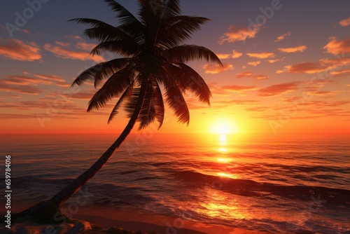 A picturesque view of a palm tree standing tall on a sandy beach during a beautiful sunset. Perfect for travel  vacation  or tropical themed designs