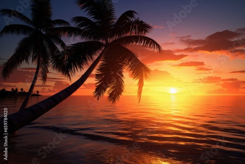 A beautiful palm tree silhouetted against a vibrant sunset on a sandy beach. Perfect for tropical vacation or relaxation themes
