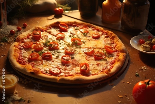 A delicious pizza placed on top of a wooden table. Perfect for food lovers and restaurant promotions