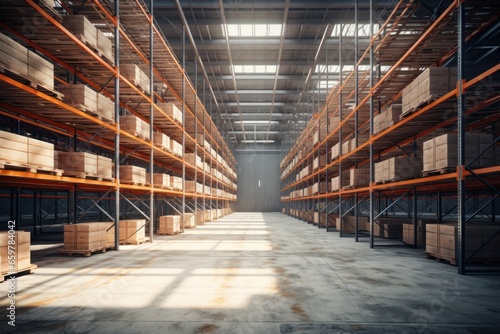A large warehouse filled with lots of wooden boxes. Perfect for illustrating storage, logistics, or inventory management concepts.