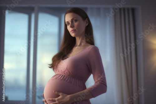 A pregnant woman standing in front of a window. This image can be used to depict the beauty of pregnancy, the anticipation of motherhood, or the peacefulness of a quiet moment