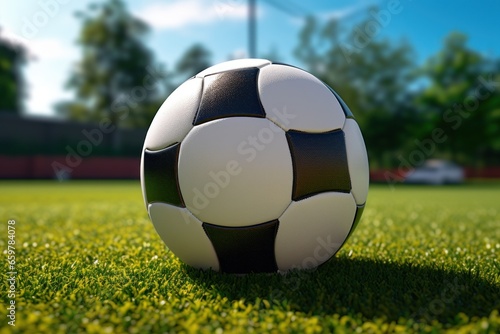 A soccer ball sitting on top of a lush green field. This image can be used for sports-related designs and advertising campaigns