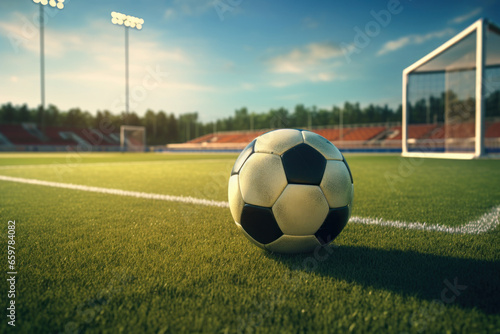 A soccer ball sitting on top of a soccer field. This image can be used to represent sports, soccer games, outdoor activities, and competition © Ева Поликарпова