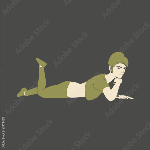 Lying woman. Sport girl illustration. Casual sportwear - t-shirt, breeches and sneakers. Young woman wearing workout clothes. Sport fashion girl outline in urban casual style.