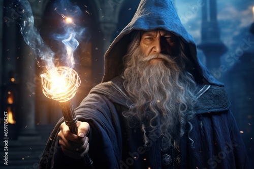 A bearded man holding a wand. This image can be used to depict a wizard, magician, or someone with magical powers
