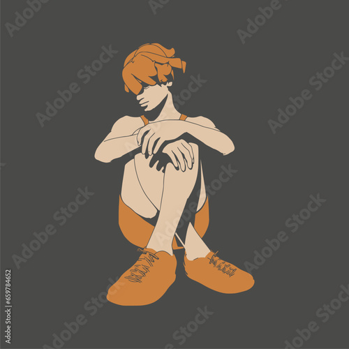 Beautiful woman resting after exercise. Sport girl illustration. Young woman wearing workout clothes. Sport fashion girl outline in urban casual style.