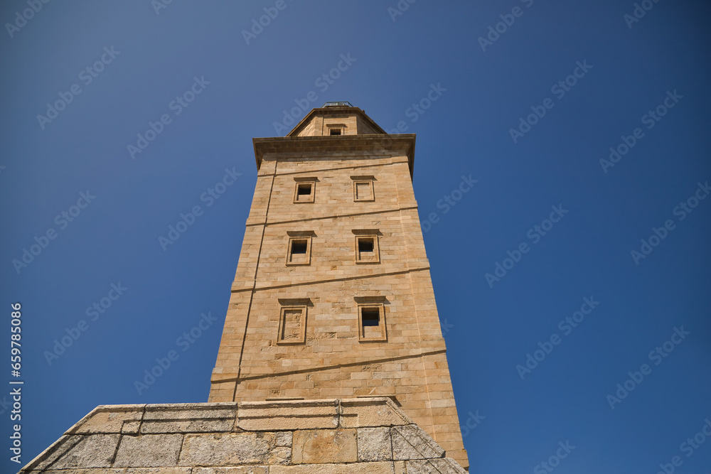 Roman lighthouse known as the Tower of Hercules, being the only Roman lighthouse and the oldest in the world in operation. Concept architecture, lighthouse, coast, shipwreck.