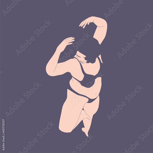 Beautiful plus size woman wearing underwear or swimsuit. Body positive concept. Relaxing attractive overweight girl. For Fat acceptance movement. Dancing woman