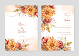 Orange peony wedding invitation card template with flower and floral watercolor texture vector