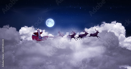 Image of christmas santa claus in sleigh with reindeer over clouds and full moon