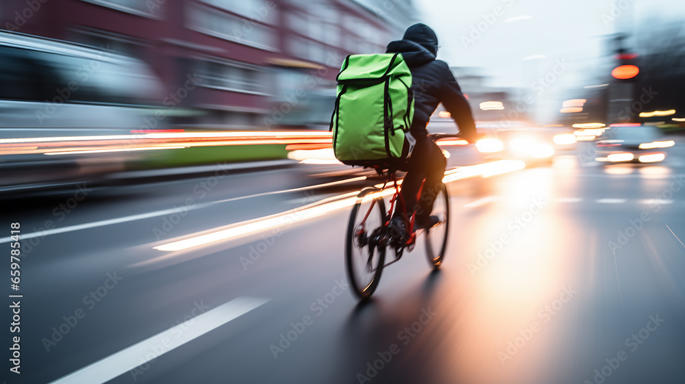 Fototapeta premium a delivery service courier on a bike rides in city traffic in a blurry. bike road street