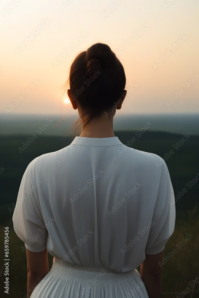 Woman standing in field at sunset with her back to the camera Woman standing in field at sunset with her back to the camera