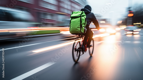 a delivery service courier on a bike rides in city traffic in a blurry. bike road street © kichigin19