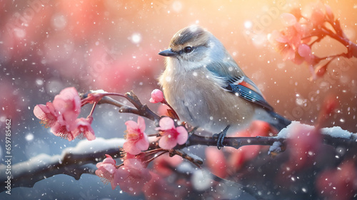 small abstract bird on a branch, winter greeting card greeting background wildlife copy space © kichigin19
