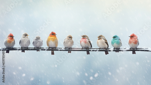 winter postcard, a row of colorful little birds in a snowfall on a branch, snow weather nature
