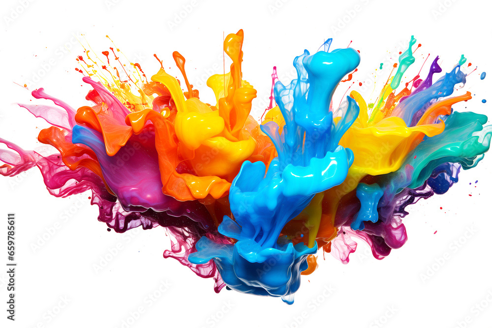 Exploding liquid paint in rainbow colors with splashes	 - obrazy, fototapety, plakaty 