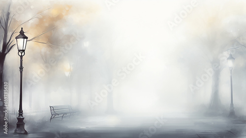 autumn watercolor light gray background, street lamp on a blurry background copy  space blank greeting form