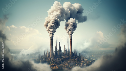 factory with large pipes and smoke pollutes the air, the atmosphere and the threat to the environment, the problem of carbon footprint, global warming
