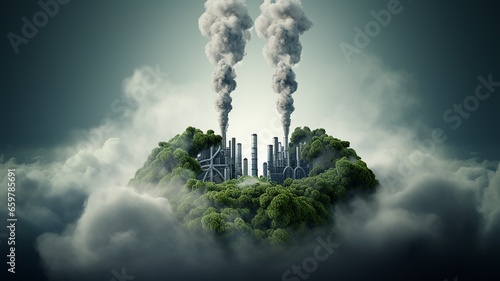 factory with large pipes and smoke pollutes the air, the atmosphere and the threat to the environment, the problem of carbon footprint, global warming