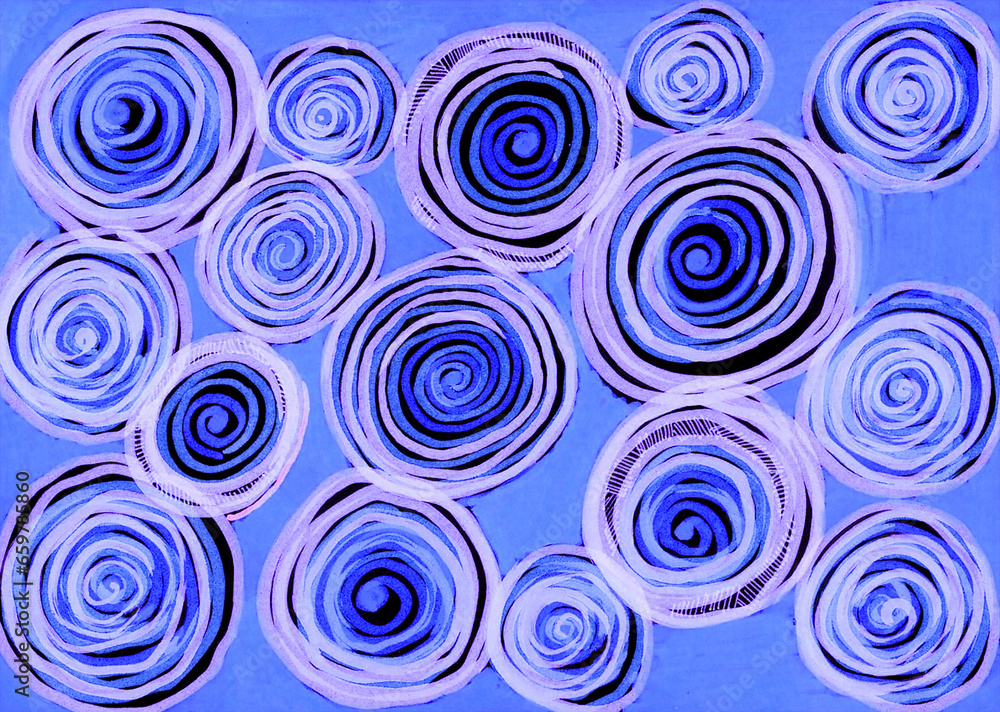 Abstract background of curved circles and spirals. Sometimes thin lines of strokes. Different shades of blue. Spirals of almost white and black colors. Free hand. Decor. Abstract background of curved circles and spirals. Sometimes thin lines of strokes. Different shades of blue. Spirals of almost white and black colors. Free hand. Decor.