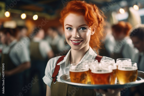 Cute red-haired waitress with a tray of beer at Oktoberfest