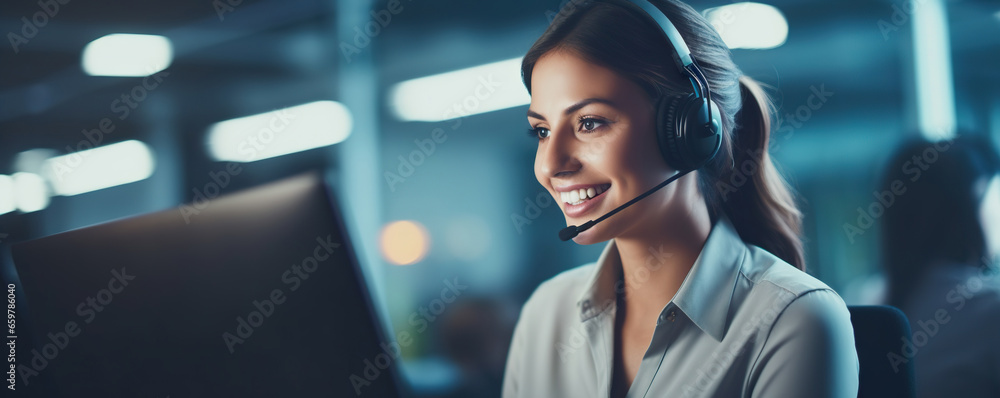 Sociable female call center assistant operating from the call center office using headset and laptop. Conducting online remote advisory session with copy space for additional content Sociable female call center assistant operating from the call center office using headset and laptop. Conducting online remote advisory session with copy space for additional content