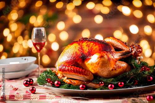 Roasted turkey on Christmas table and Gaussian lights background.