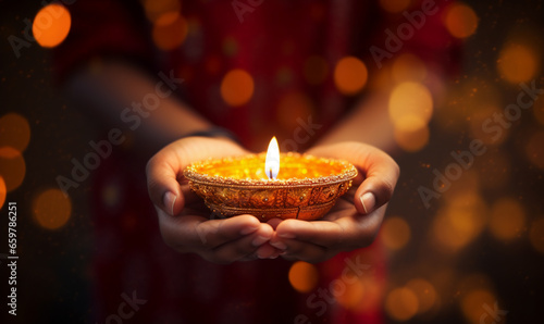 Diwali light at night with Hans holding and bokeh background, Diwali is traditional festival photo