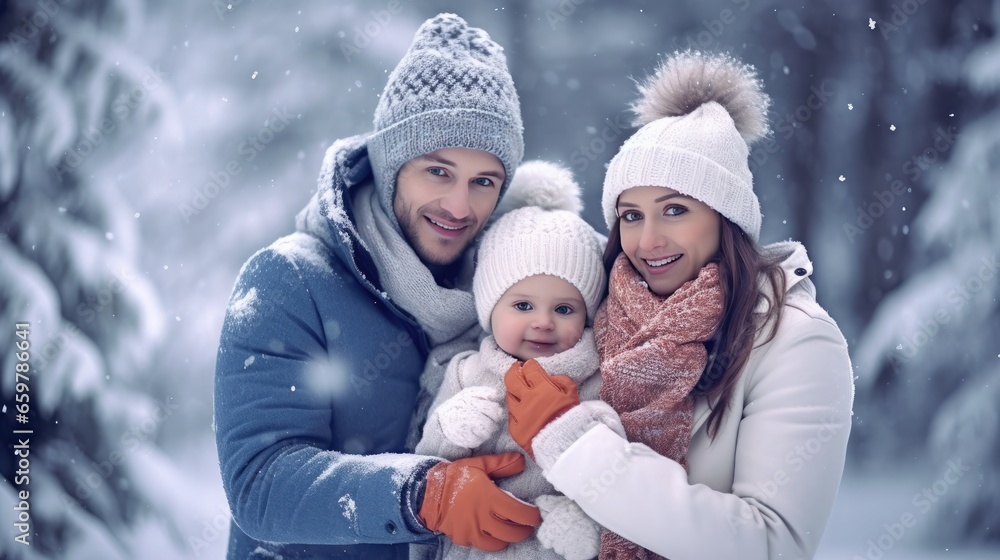 Happy family enjoying to moment in snowy land with Christmas festive and winter season. Generative Ai

