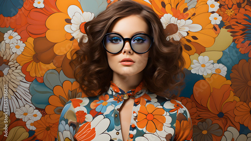 groovy portrait of retro woman from the 60s to 70s, with groovy flower patterned vintage fashion and sunglasses