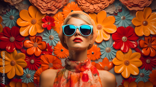 Wallpaper Mural 60s woman portrait with vibrant groovey style featuring flowers Torontodigital.ca