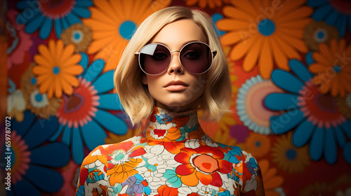60s woman portrait with vibrant psychedelic floral style featuring flowers