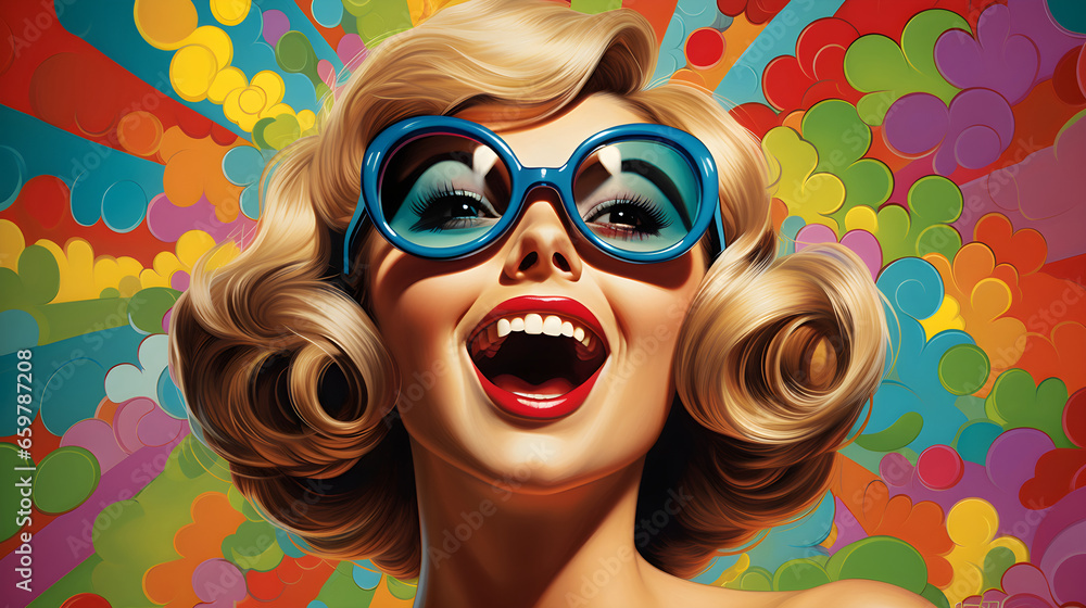 Ktich retro pop art 50s illustration. Blonde woman laughing, wearing blue sunglasses Ktich retro pop art 50s illustration. Blonde woman laughing, wearing blue sunglasses