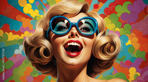 Ktich retro pop art 50s illustration. Blonde woman laughing, wearing blue sunglasses