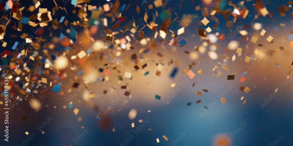 Glittering colourful confetti falling down. Party background concept for holiday, celebration, New Year's Eve or jubilee - obrazy, fototapety, plakaty 
