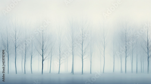 light white blue fog, a row of trees. watercolor abstract background late autumn, symbol landscape view cold light November, copy space blank blank © kichigin19