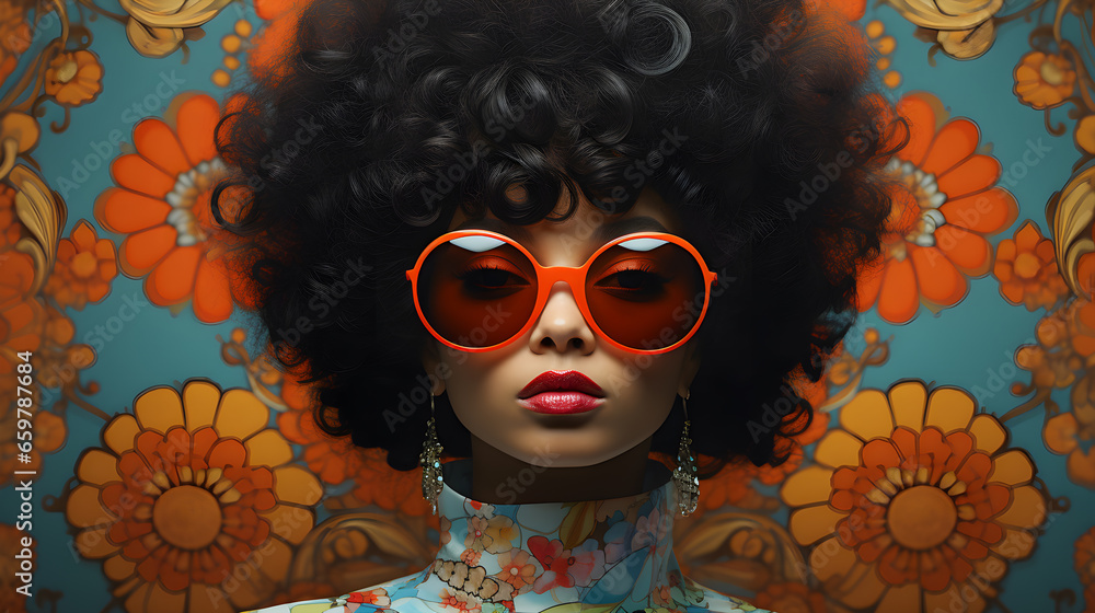 Psychedelic colourful 60s to 70s retro portrait of black woman wearing sunglasses with big hair