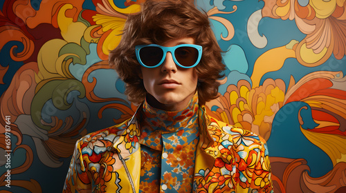 Retro 60s man with sunglasses in colorful psychedelic style photo