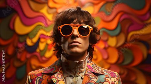 Psychedelic portrait of a man from the 60s-70s. Dressed in iconic retro fashion with sunglasses