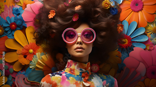 Psychedelic colourful 60s to 70s retro portrait of black woman wearing sunglasses