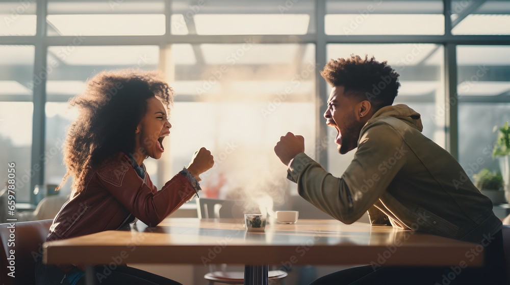 a young black couple engages in a heated argumentin a coffee shop, their faces contorted with emotion as they raise their voices in frustration.  - obrazy, fototapety, plakaty 